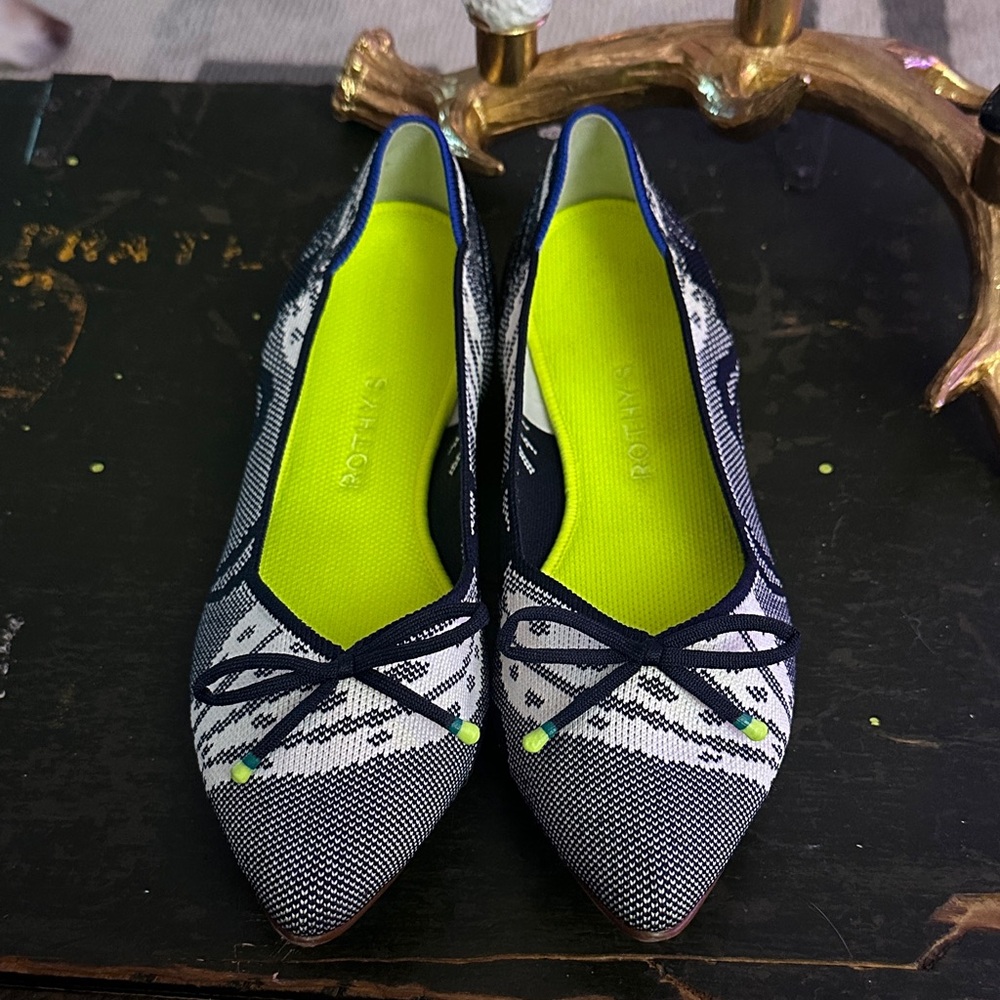Rothy's Navy and Lime Patterned Flats